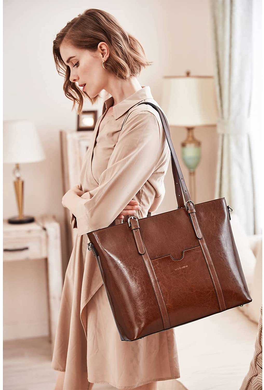 Women Leather Laptop Tote Office Shoulder Handbag Vintage Briefcase 15.6 inch Computer Work Purse