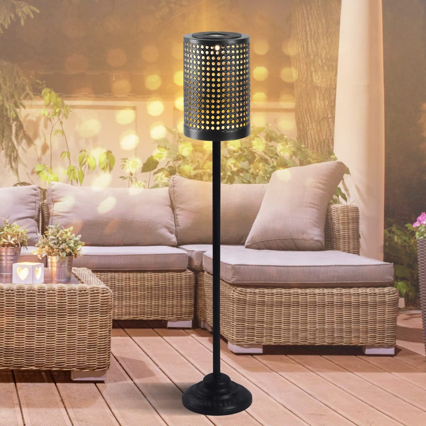 Solar Powered Patio Floor Lamp Outdoor Big Lantern Decorative Lights,Metal Deck Lamp Outdoor Cordless Path Light for Patio Lawn Yard Balcony Landscape(Black)