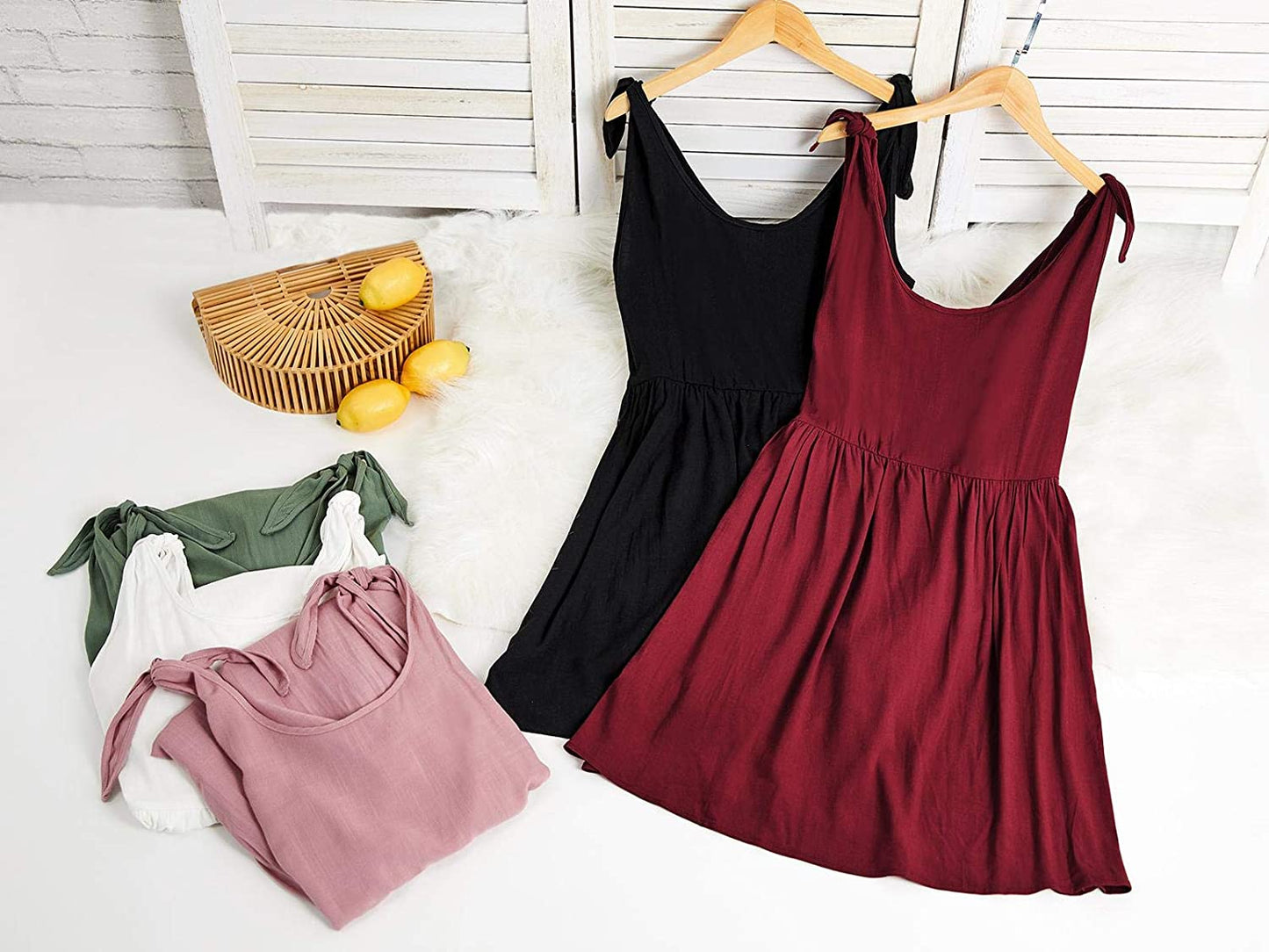 Womens Summer Shoulder Tie Strap Babydoll Dress Casual Scoop Neck A-Line Skater Swing Mini Sundress