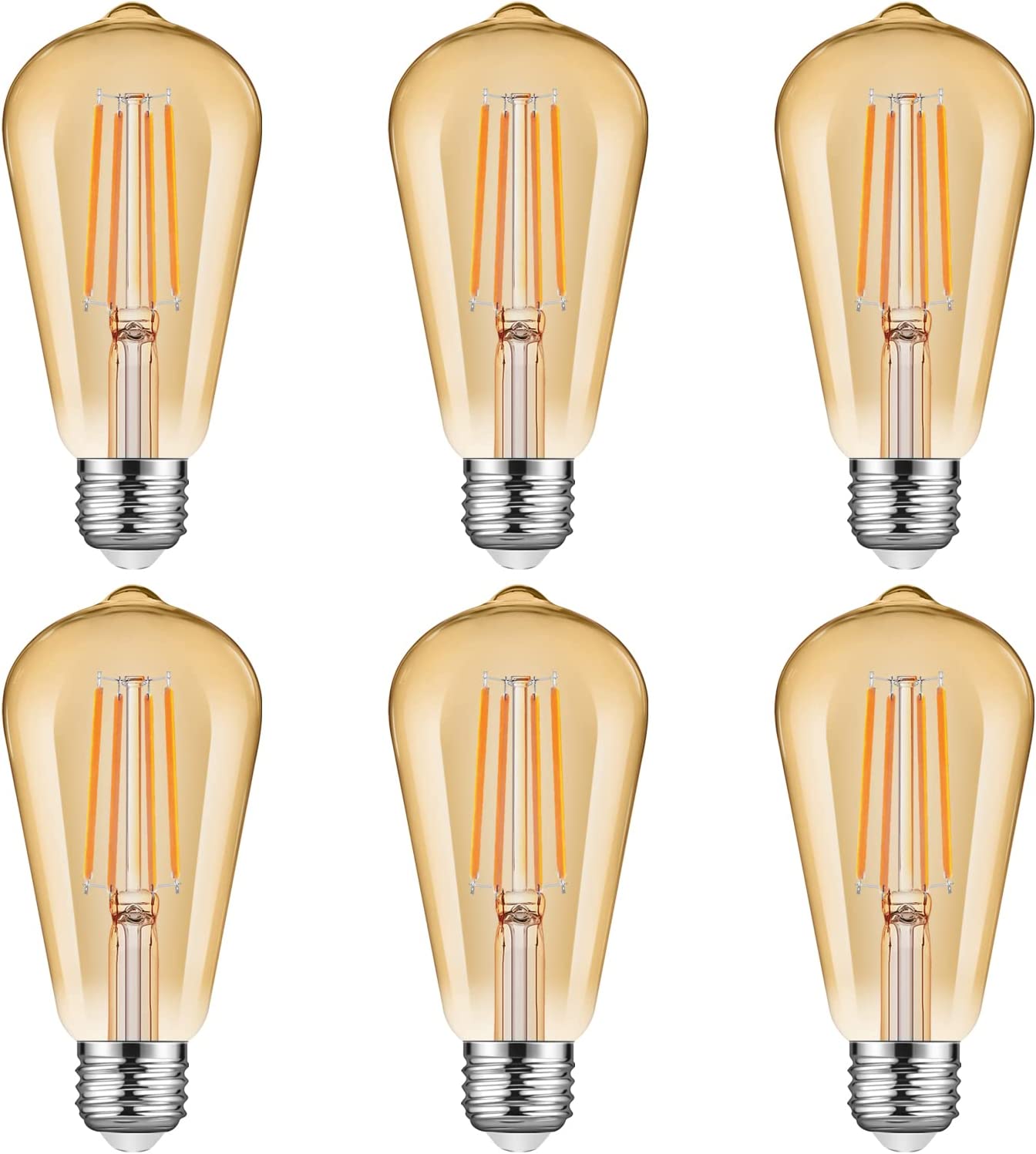 Ascher Dimmable LED Edison Bulbs 60 Watt Equivalent, Eye Protection Led Bulb with 95+ CRI, Warm White 2700K, ST58 Vintage LED Filament Bulbs, E26 Base, Pack of 6