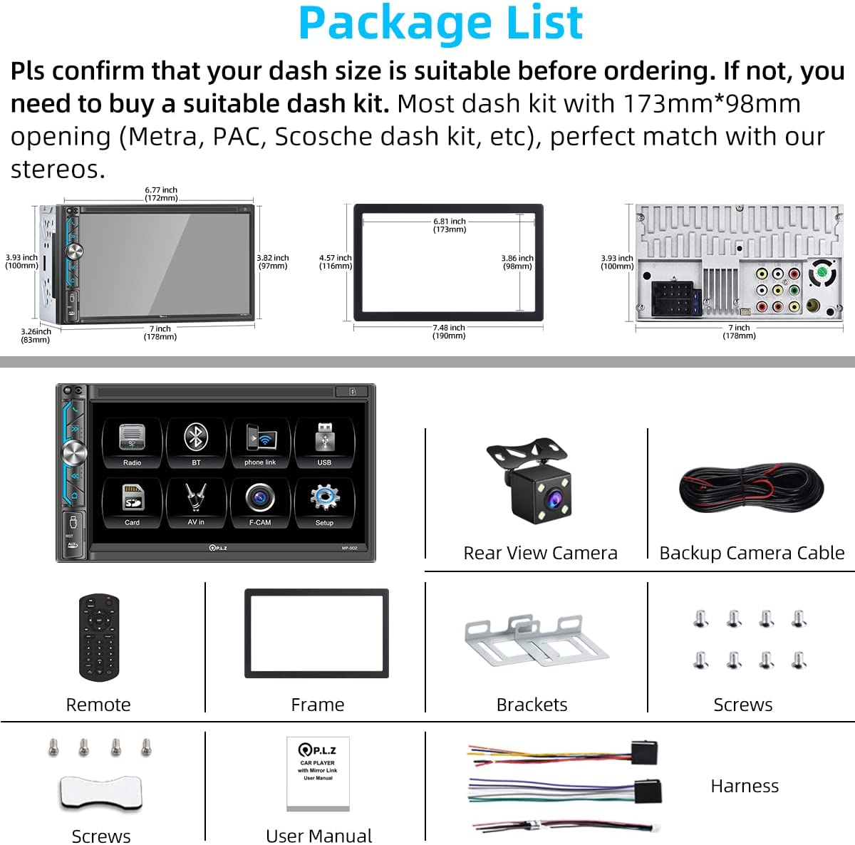 Double Din Car Stereo, 7 Inch Full HD Capacitive Touchscreen Car Radio Receiver with Mirror Link, Bluetooth 5.1, Backup Camera, Steering Wheel Control, Subw, FM/AM Car Radio, USB /TF/AUX