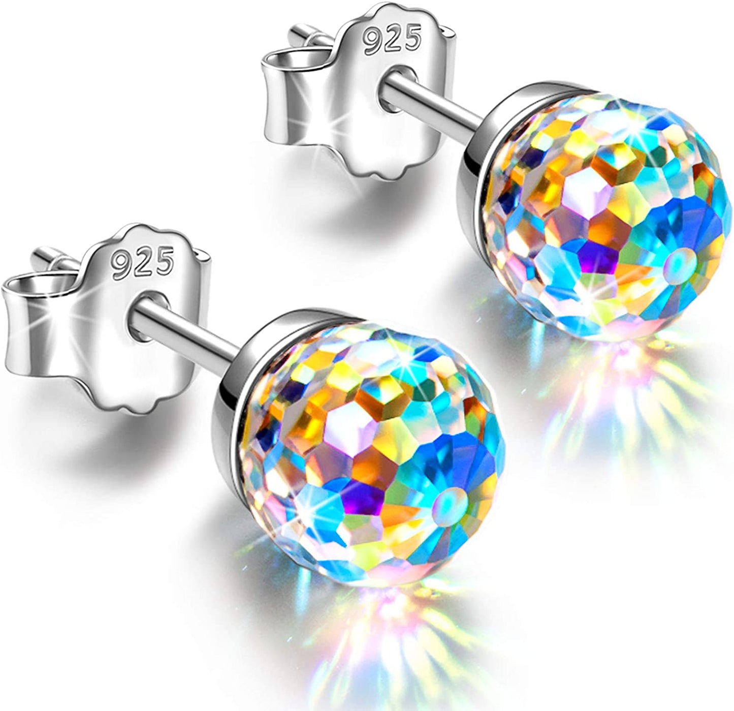 "Fantastic World" Crystal Earrings for Women Girls, 925 Sterling Silver Stud Earrings, Hypoallergenic Earrings for Sensitive Ears, 6MM