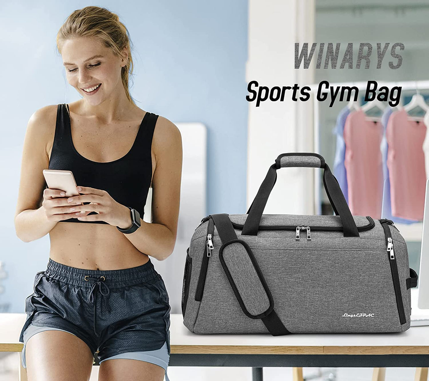 Gym Bag for Women & Men,Travel Duffel Bag for Sports, Gyms and Weekend Getaway, Waterproof Dufflebag with Wet Pocket & Shoes Compartment,Lightweight Carryon Gymbag (Dark gray)