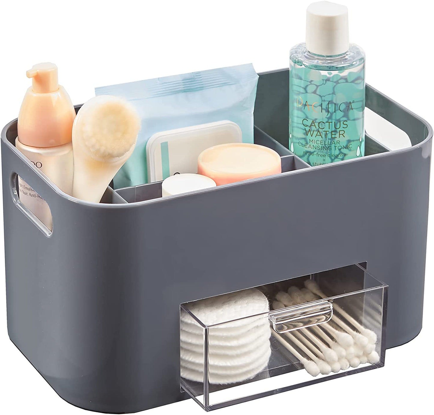 Bliss 4-Compartment Clear Plastic Organizer with Small Accessory Drawer | Rectangular Vanity Storage Bin with Pass-Through Handles | Round Corner Design | Made in USA