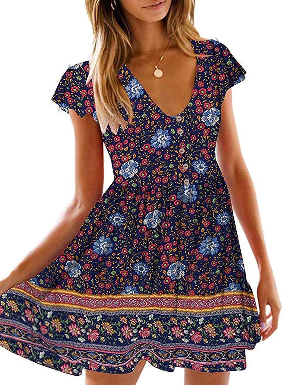 Women’s Summer Hot Short Sleeve V-Neck High Waist Floral Print Mini Boho Sun Dress with Button