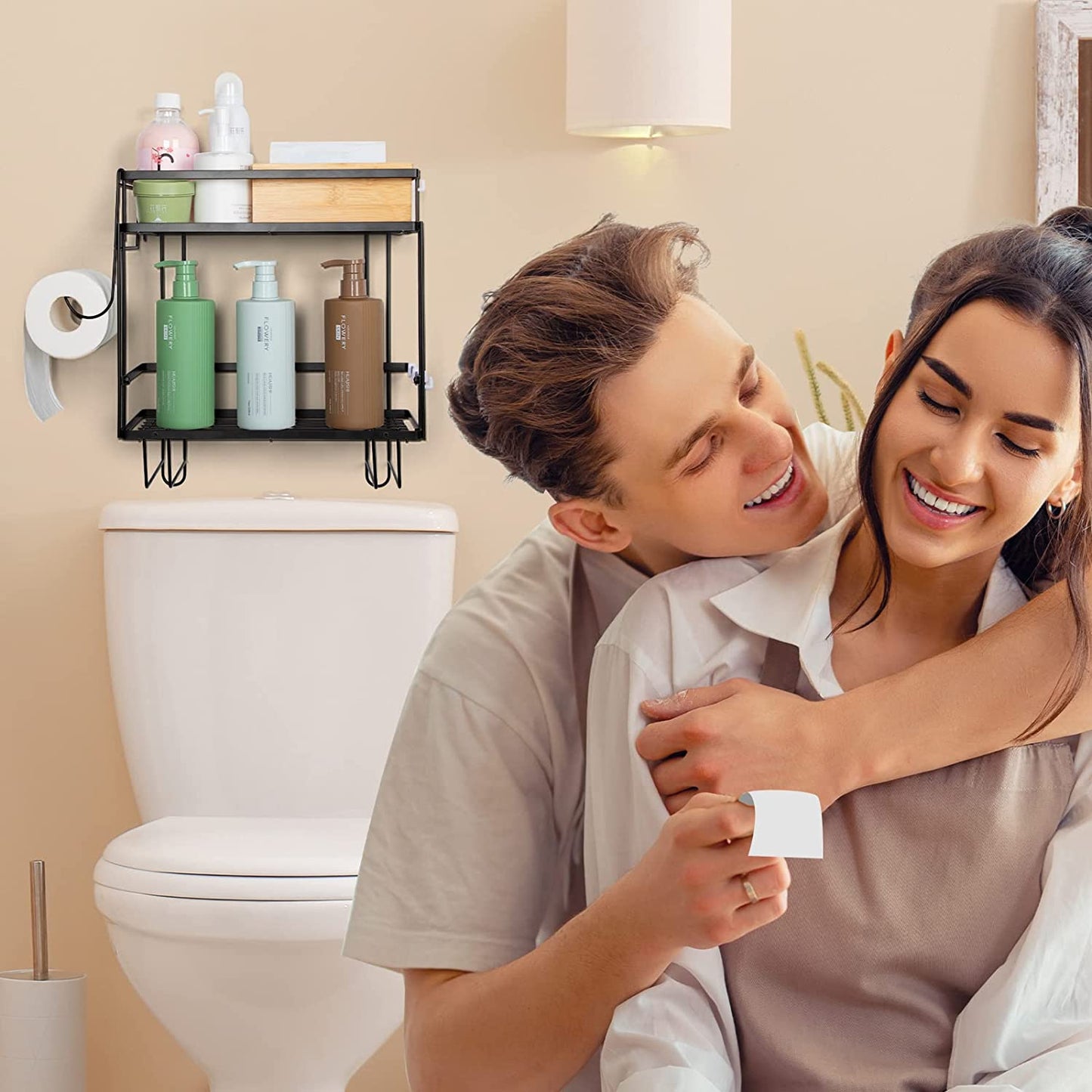 2-Tier Bathroom Shelf Over Toilet, Above Cabinet Restroom Storage Organizer Paper Holder, Space Saver No Drilling with Wall Mounting