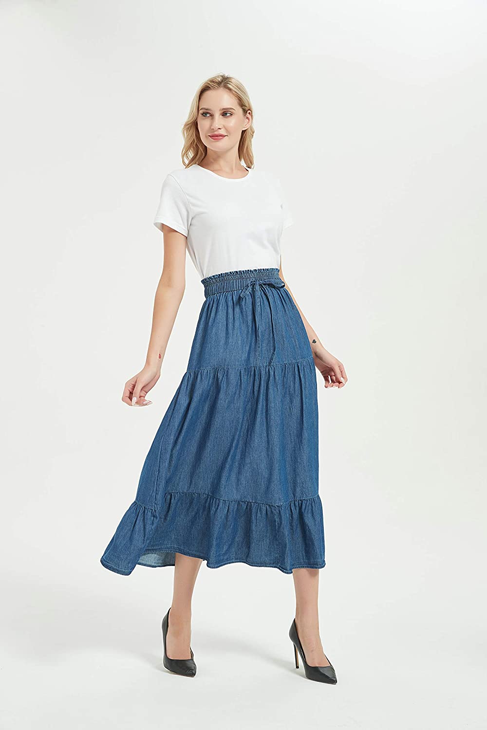Womens A Line Long Midi Denim Skirt Tired Pleated Layers Elastic Waist Front Drawstring