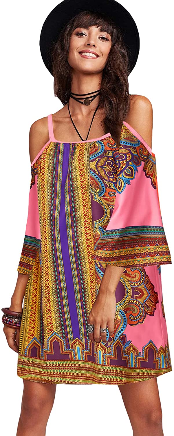 Women's Vintage Print Kimono Sleeve Geometric Tunic Boho Dress