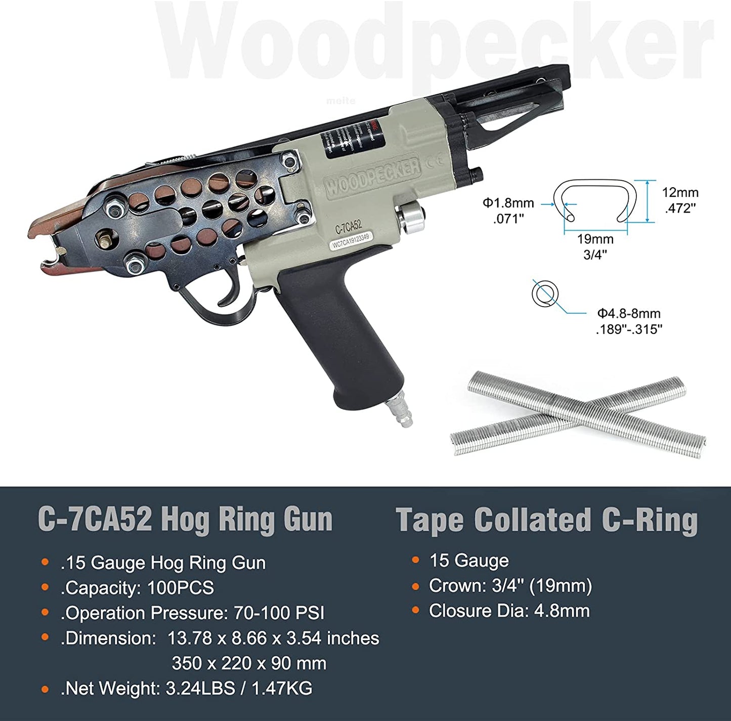 Guage Pneumatic Hog Ring Gun, 4.8mm Closure Diameter, 3/4-Inch Crown Hog Ring Staples, Air Hog Ring Plier Tool Power C Ring Gun for Fencing, Cages Making