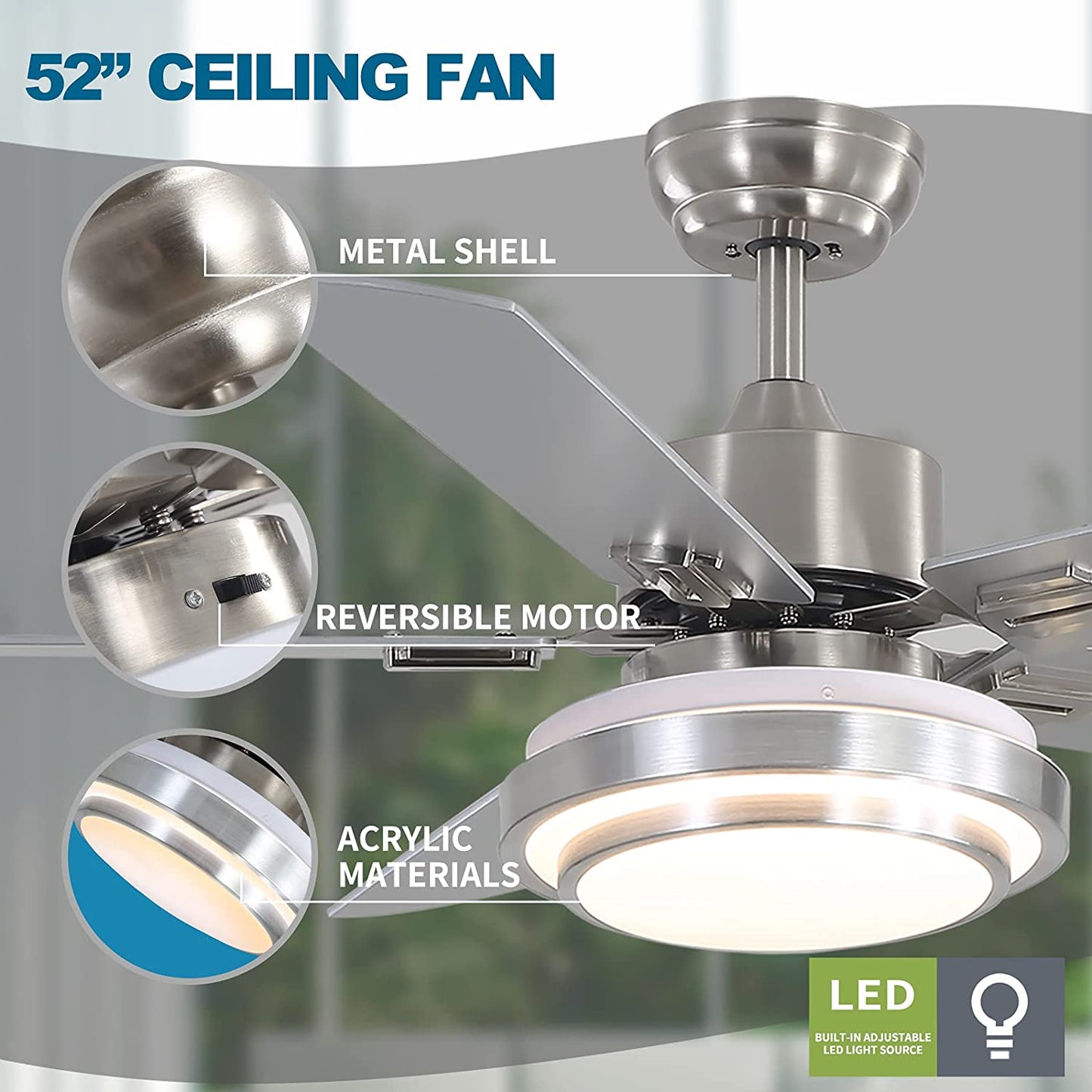 warmiplanet Ceiling Fan with Lights Remote Control, 52 Inch, Brushed Nickel (5-Blades)