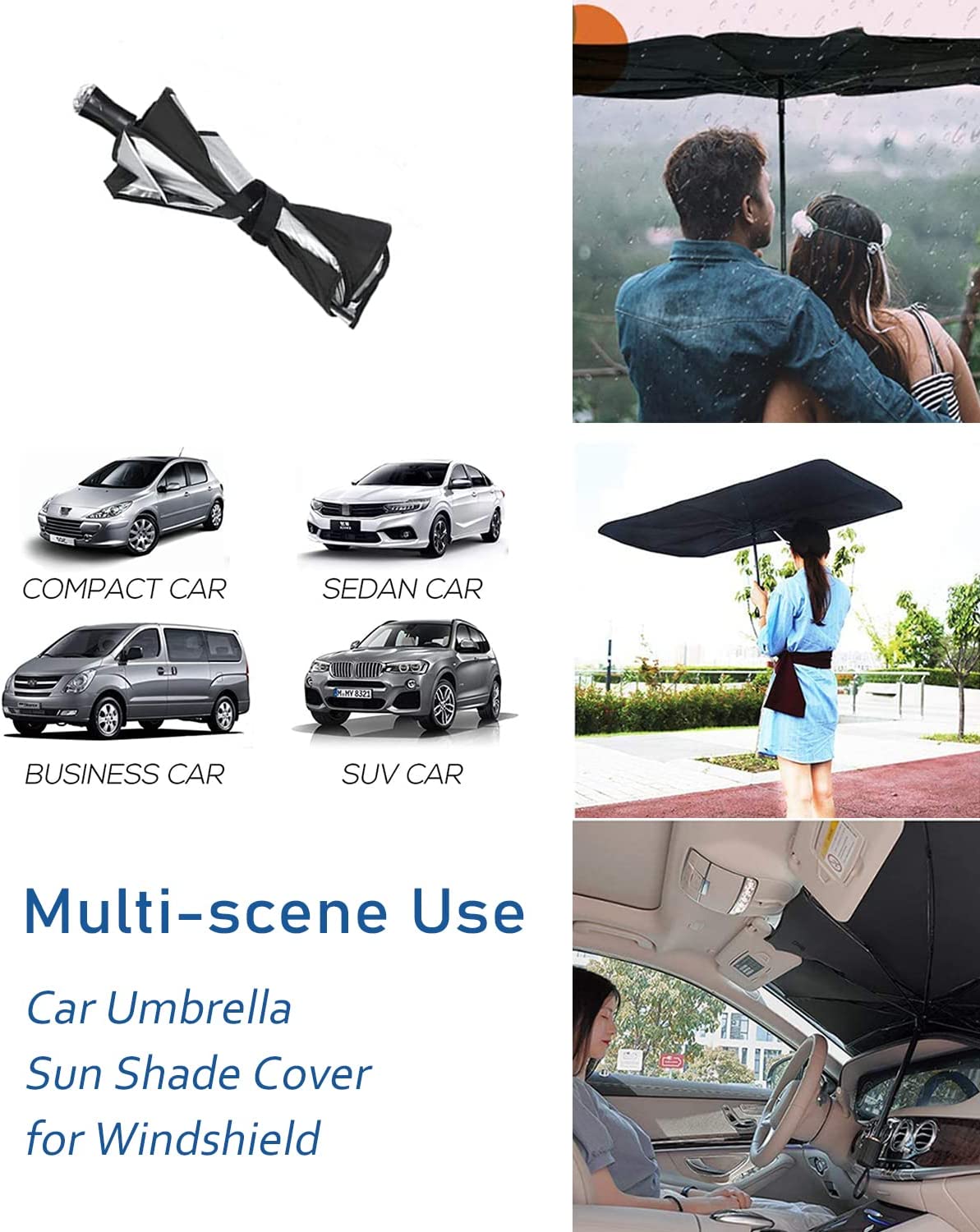 Car Windshield Sun Shade Umbrella with Storage Pouch, Car Sunshade UV Protection & Heat Insulation for Car Front Window Heat Keep Vehicle Cool Sun Foldable Car Umbrella Sunshade for Most Vehicles
