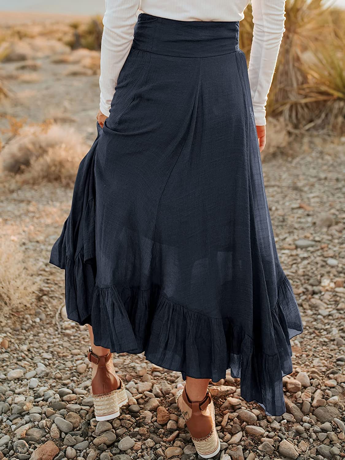 Women’s Maxi Skirt High Waist Tie Front Pleated Flowy Ruffle Asymmetric Long Skirts