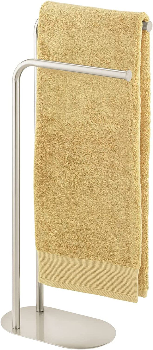 mDesign Tall Modern Metal Towel Rack Holder - 2 Tier Organizer for Bathroom Storage and Organization Next to Tub or Shower, Holds Bath & Hand Towels, Washcloths - Satin