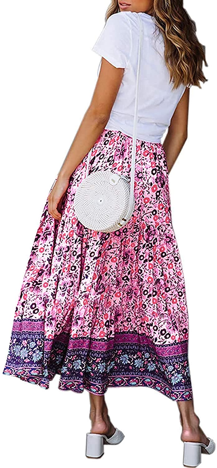 Women's Skirts Boho Floral Printed Elastic High Waist A Line Maxi Skirt with Pockets