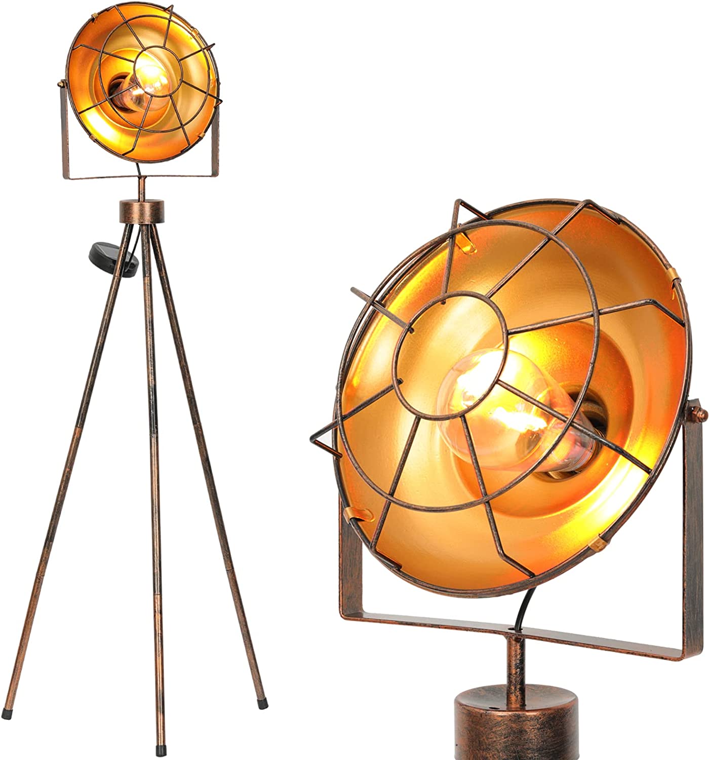 Solar Powered Outdoor Lights Decorative, Solar Pathway Lights Industrial Tripod Floor Lamp Spotlight Standing Solar Powered Lantern with Metal Legs Decor for Garden, Patio, Desk Edison Bulb Included