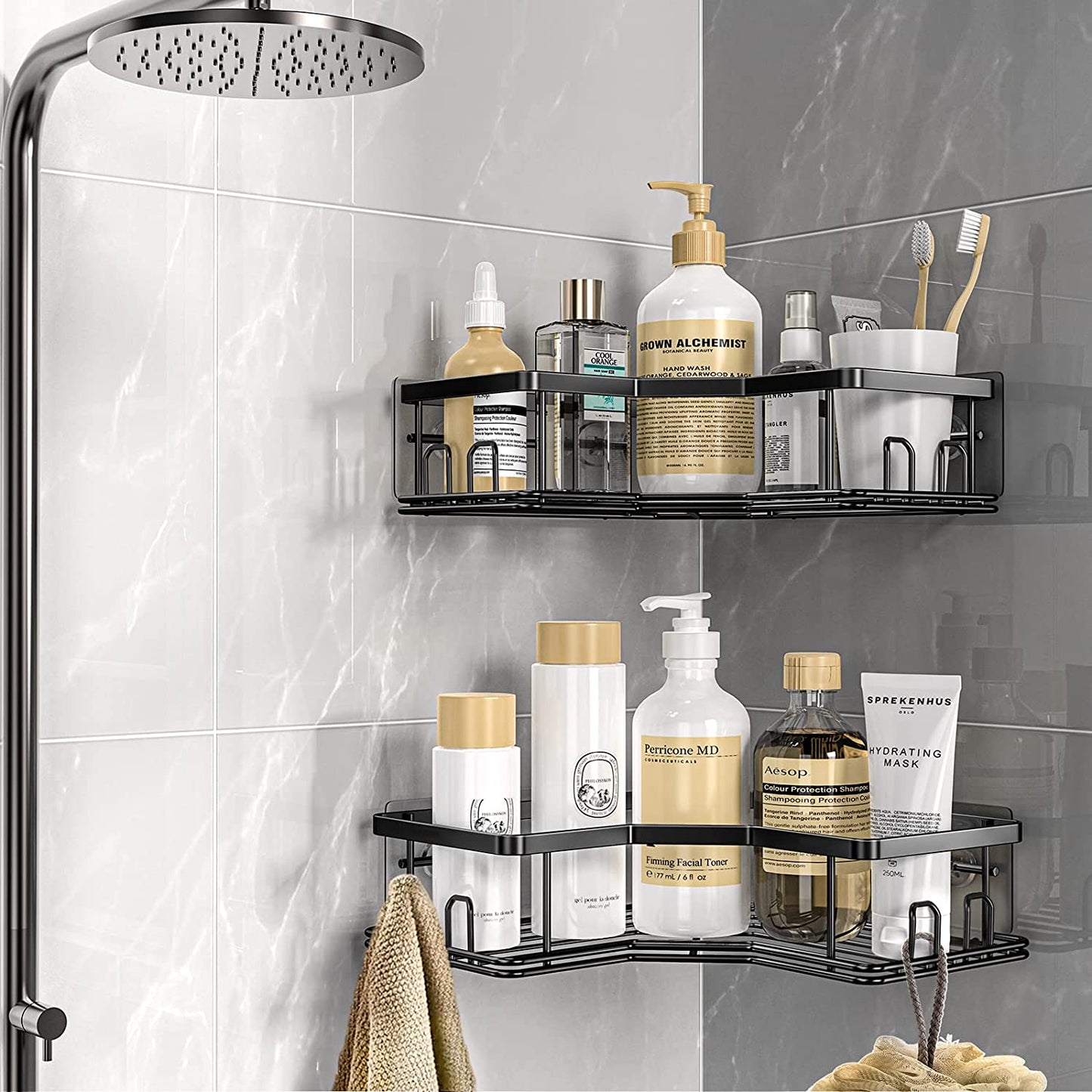 Corner Shower Caddy, Shower Organizer Corner Shower Shelf with 8 hooks,2-Pack Adhesive Stainless Steel MAXIFFE Shower Shelves for Bathroom Storage (Matte Black)