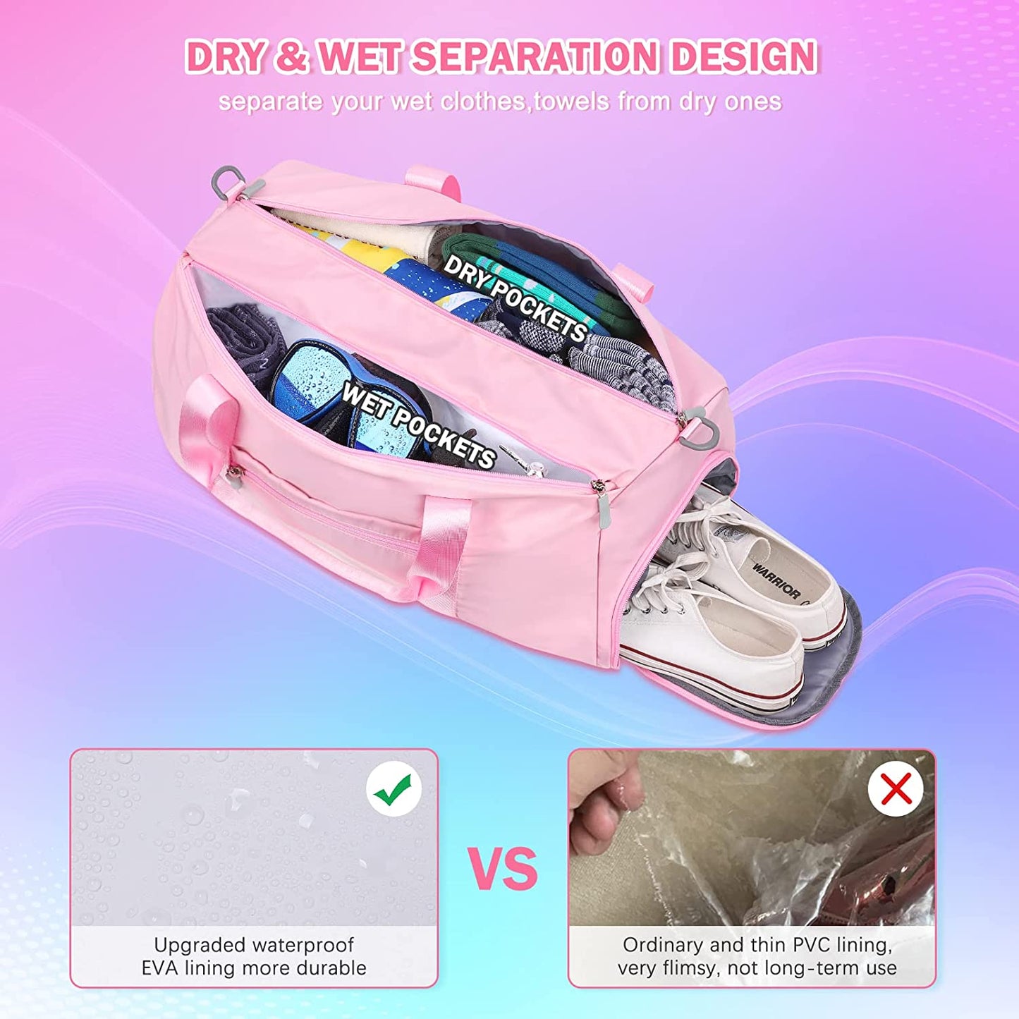 SAMIT -Gym Bag-35L Duffel Bag Large Sports Gym Bag for Women Waterproof Travel Bag Carry on Bag Overnight Weekend Bag Girl Dance Bag with Wet Pocket & Shoe Compartment(Pink)