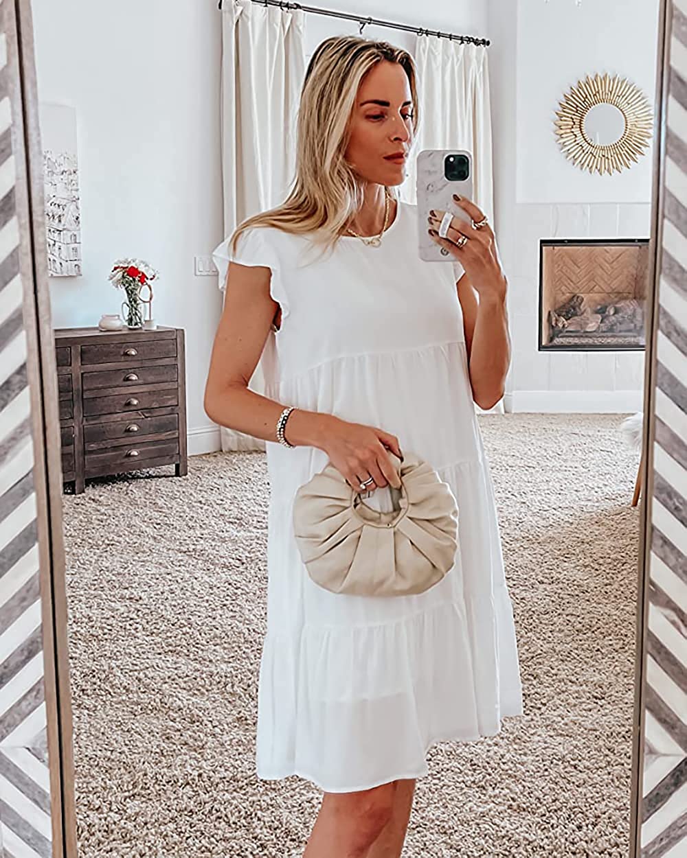 Women’s Summer Dress Sleeveless Ruffle Sleeve Round Neck Mini Dress Solid Color Loose Fit Short Flowy Pleated Dress
