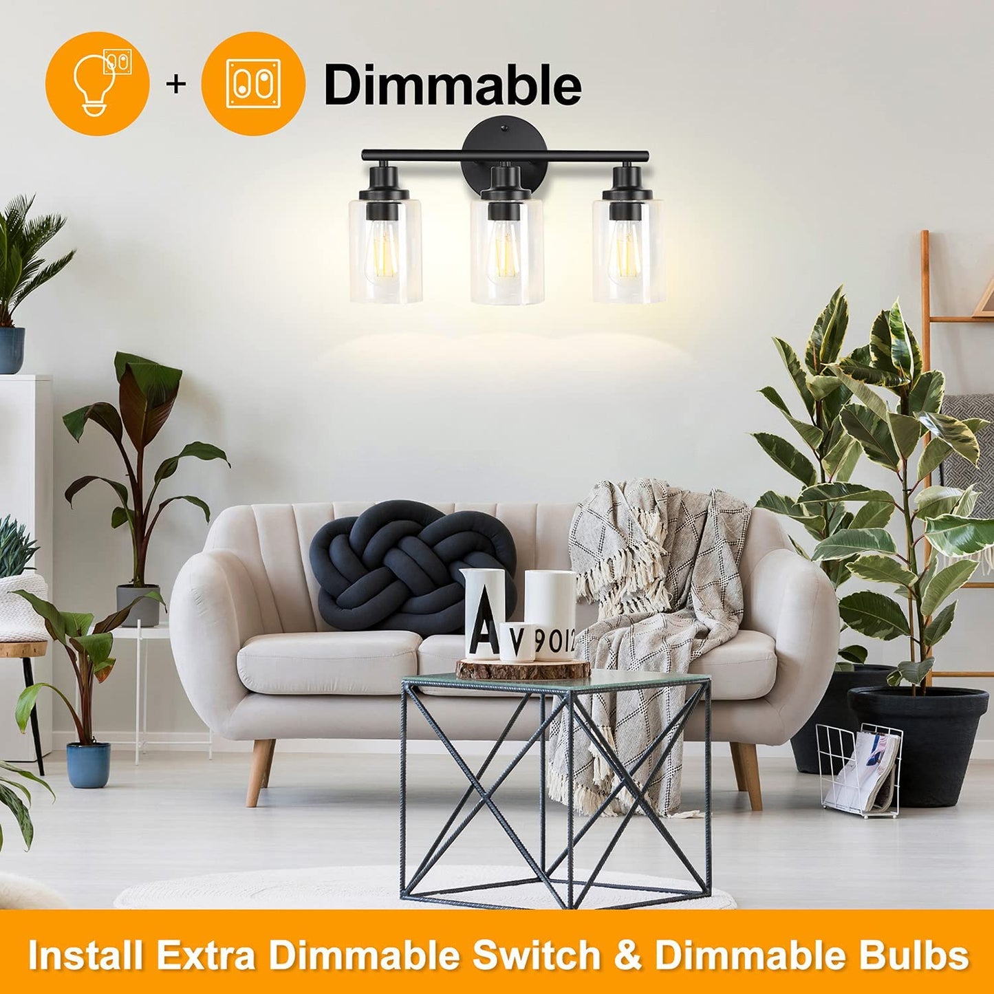 Bathroom Light Fixtures Black Vanity Light, 3 Light Wall Sconces Lighting Bathroom Lights with Clear Glass Shades, Bath Wall Lights Wall Lamp for Mirror, Kitchen, Living Room, Bedroom, Hallway