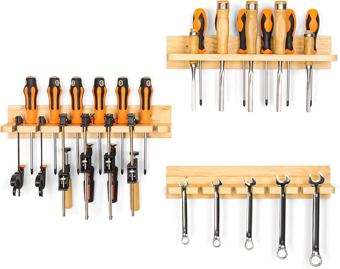 Screwdriver Organizer Tool Rack, ikkle Wood Strips Fixture Screwdriver Holder Hammer Rack, Pliers Holder, Scraper Rack, Wall Mounted Tool Storage for Workbench, Yard, Garage, Garden (4 Pcs)