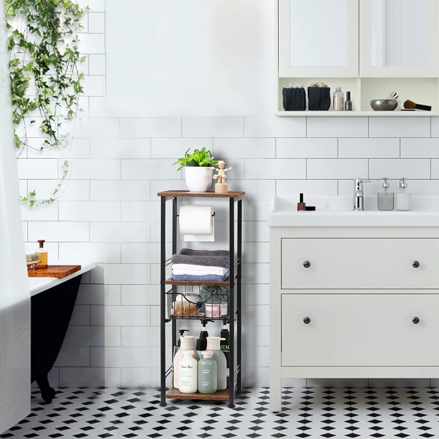 Toilet Paper Cabinet, 4 Tier Small Bathroom Storage Cabinet, Narrow Bathroom Cabinet for Small Spaces and Corner, Toilet Paper Holder with 1 Drawer and 3 Shelves(Rustic Brown)