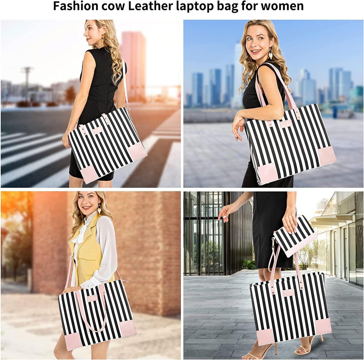 15.6'' Laptop Bag for Women - Set of 2 Shock Absorbent Computer Briefcase Genuine Leather Canvas Messenger Bag with USB