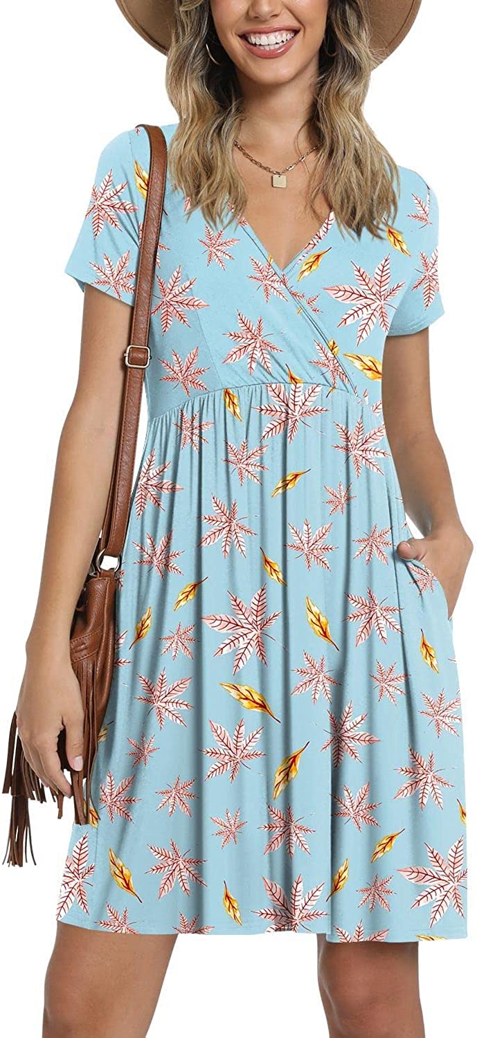 Summer Women's V Neck Dress, Printed Short Sleeve Neck Dress, Casual Loose Floral Beach Dress, Swing A-Line Dresses