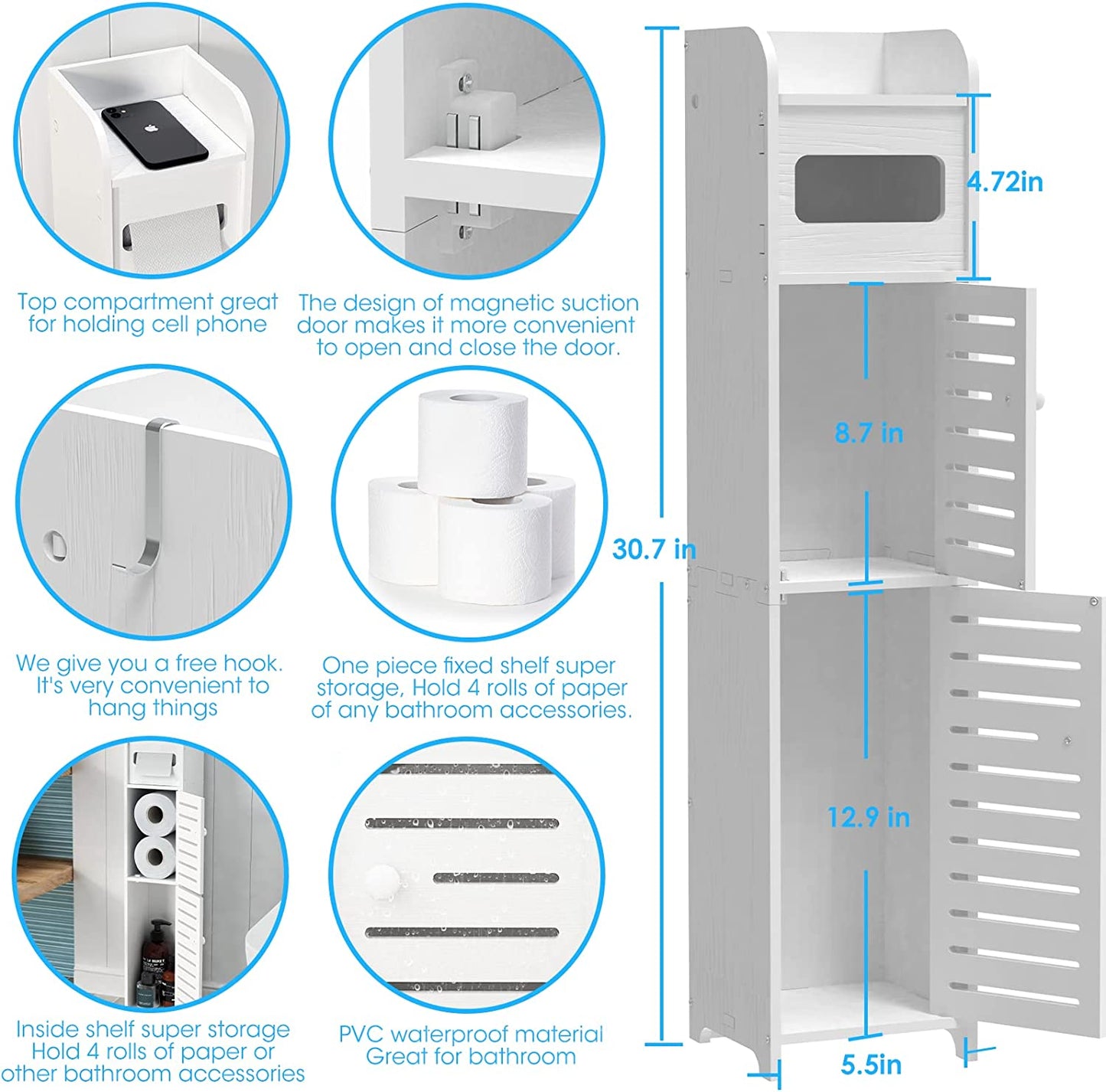 Upgrade Small Bathroom Storage Cabinet with 2 Doors and 2 Shelves, W6.1 x D6.1 x H31.5 Bathroom Organizer, 4 Tier Design Toilet Paper Storage Stand for Small Space and Corner(White)