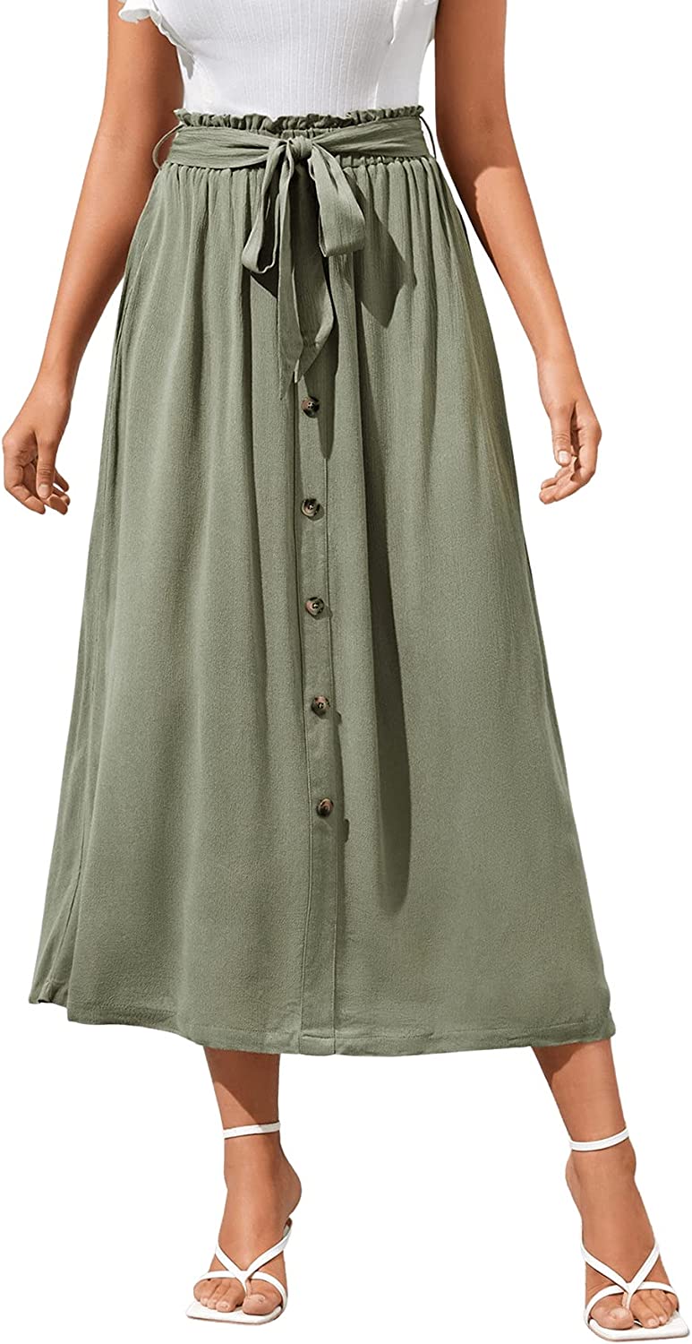 Women's Casual Paper Bag Waist A Line Pleated Midi Skirt with Pockets