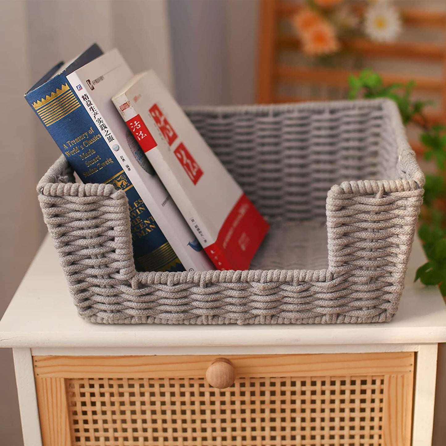 Cotton Rope Storage Basket with Handles Woven Open-Front Baskets Storage Wicker Organizing Baskets for kitchen/Bathroom/Bedroom/Laundry Room/Pantry (Gray)