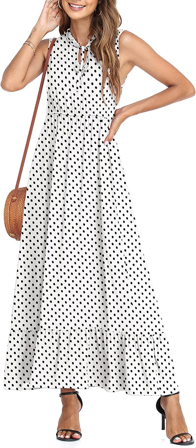 Women's Sleeveless Summer Tie Neck High Waist Casual Boho Dress Floral Print Ruffle Hem Long Beach Maxi Dresses