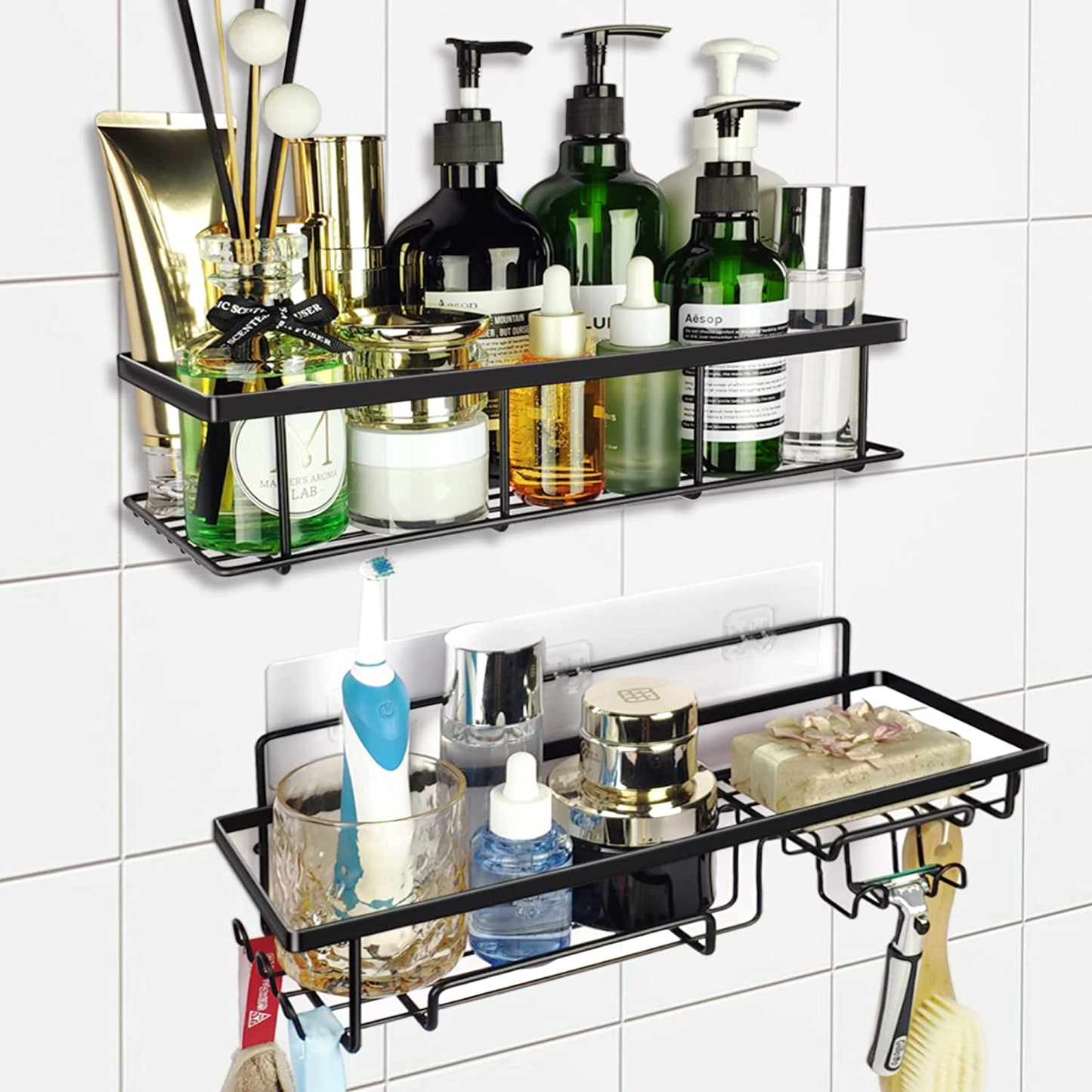 Shower Caddy storage shelf,shower organizer,Adhesive Non-porous Wall Sticker Shower shelves,bathroom organizer,shower storage-2 Pack (Matte Black)