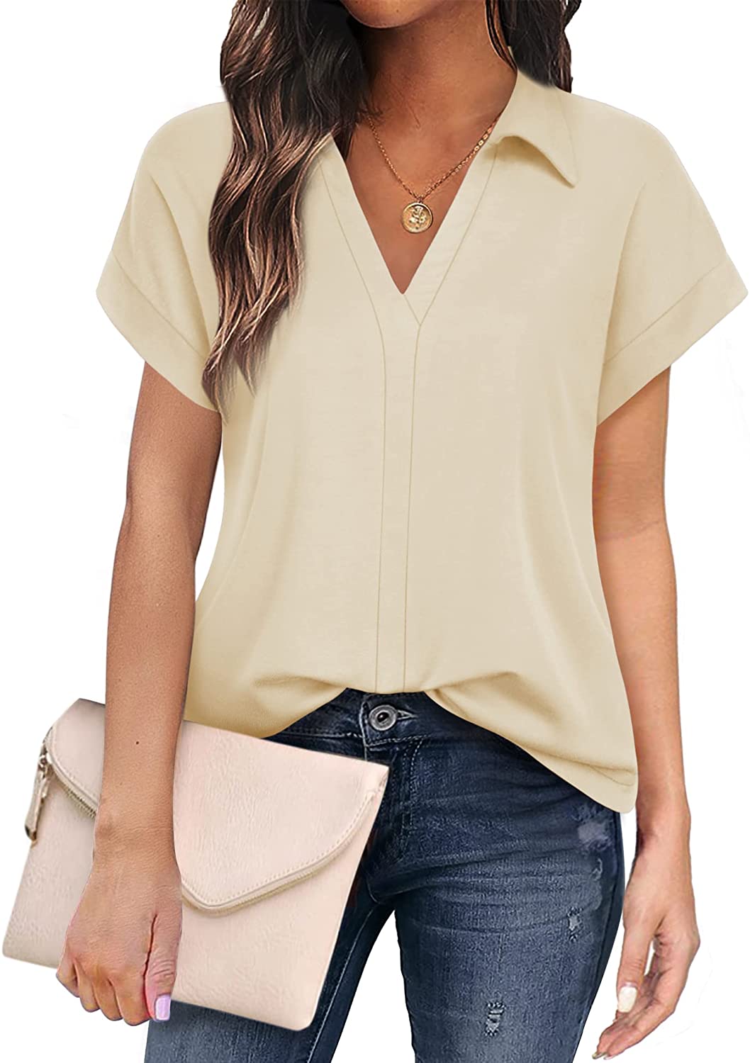 Women's Short Sleeve Tops and Blouses Business Casual Collared Tunic Shirt