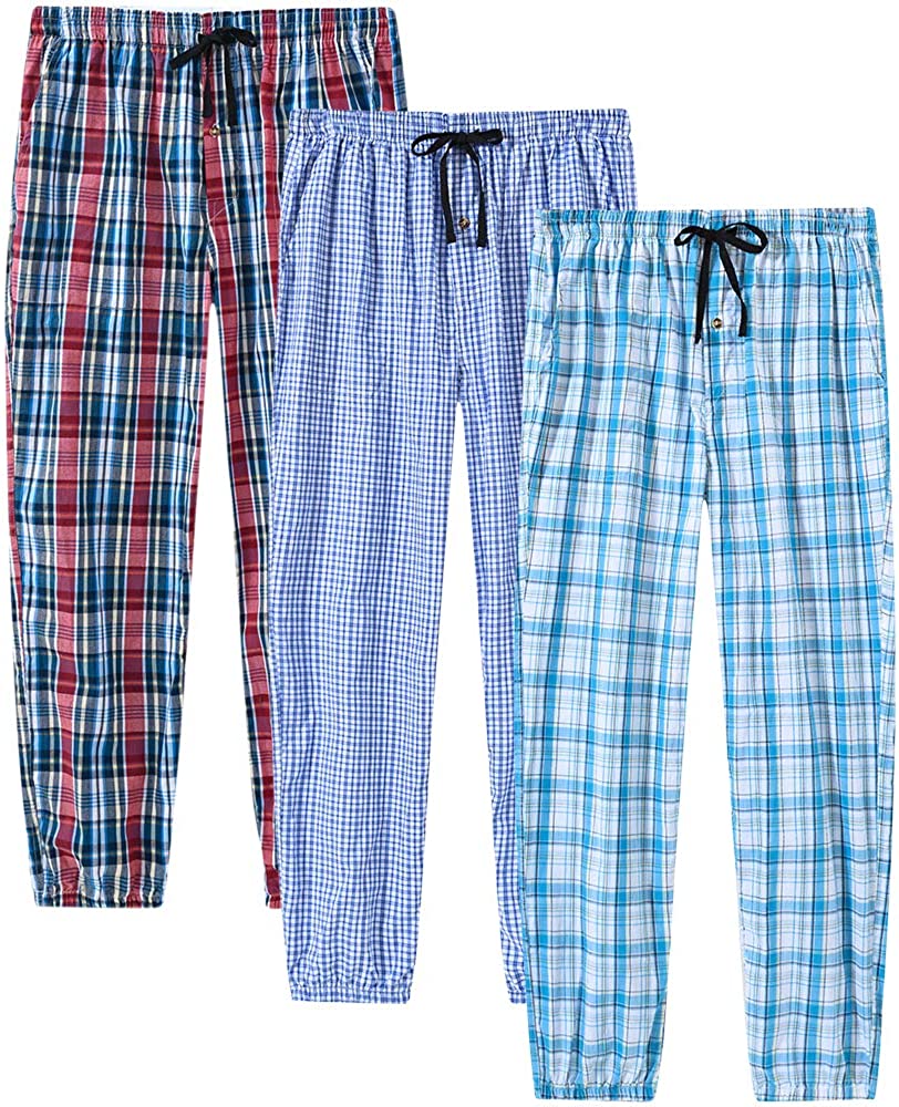 Men's Pajama Pants Plaid Sleapwear Pants Loungewear Bottom Button Fly/Drawstring/Pockets 3-Pack