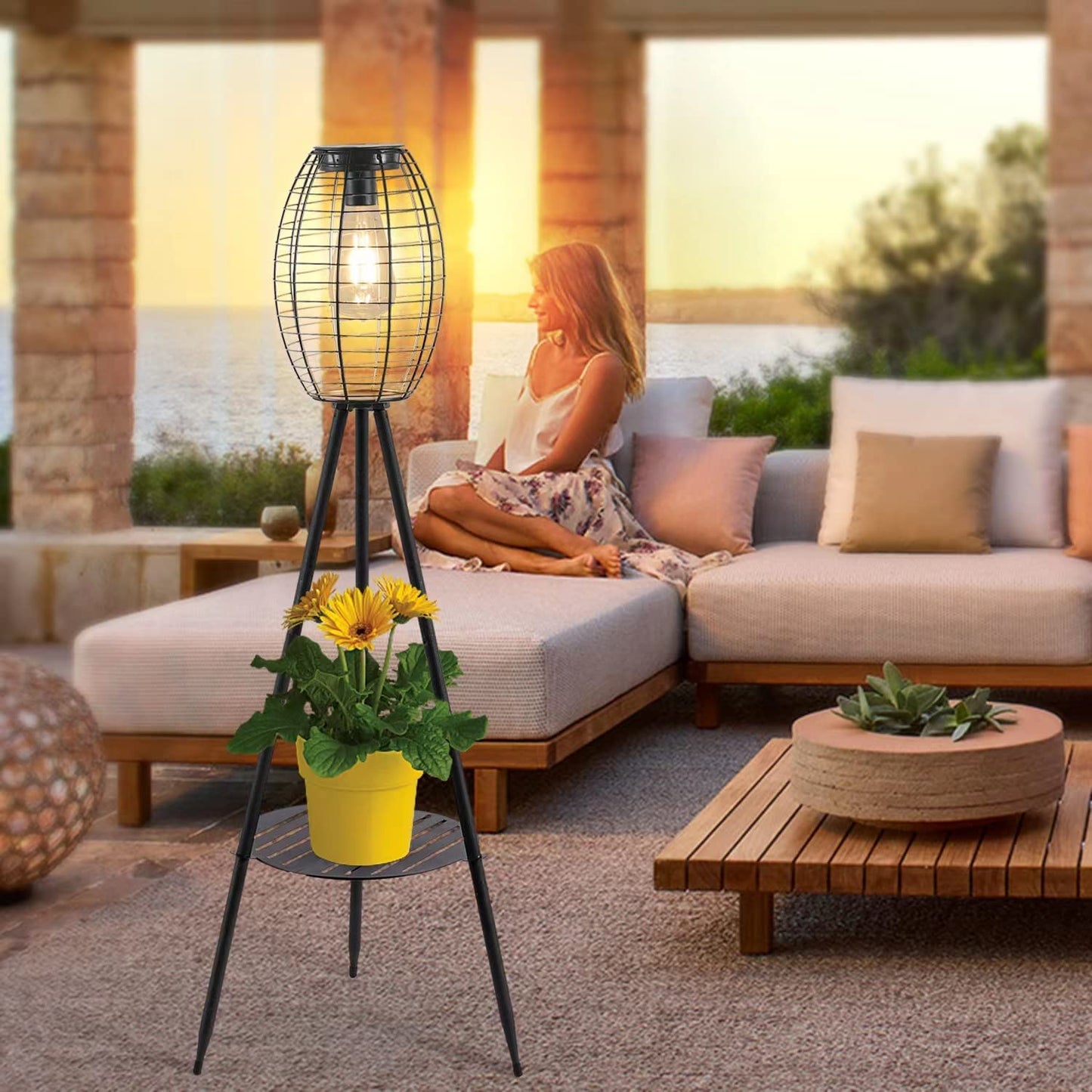 Metal Solar Floor Lamps Outdoor Lights, Waterproof Solar Lantern for Patio Deck Lawn Yard Garden Porch Decor