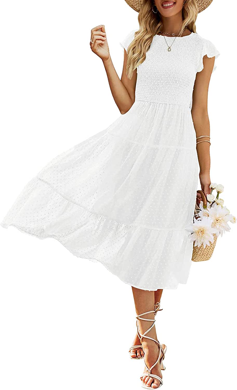 Women's Summer Flutter Short Sleeve Smocked Midi Dress Swiss Dot Flowy Tiered Dresses