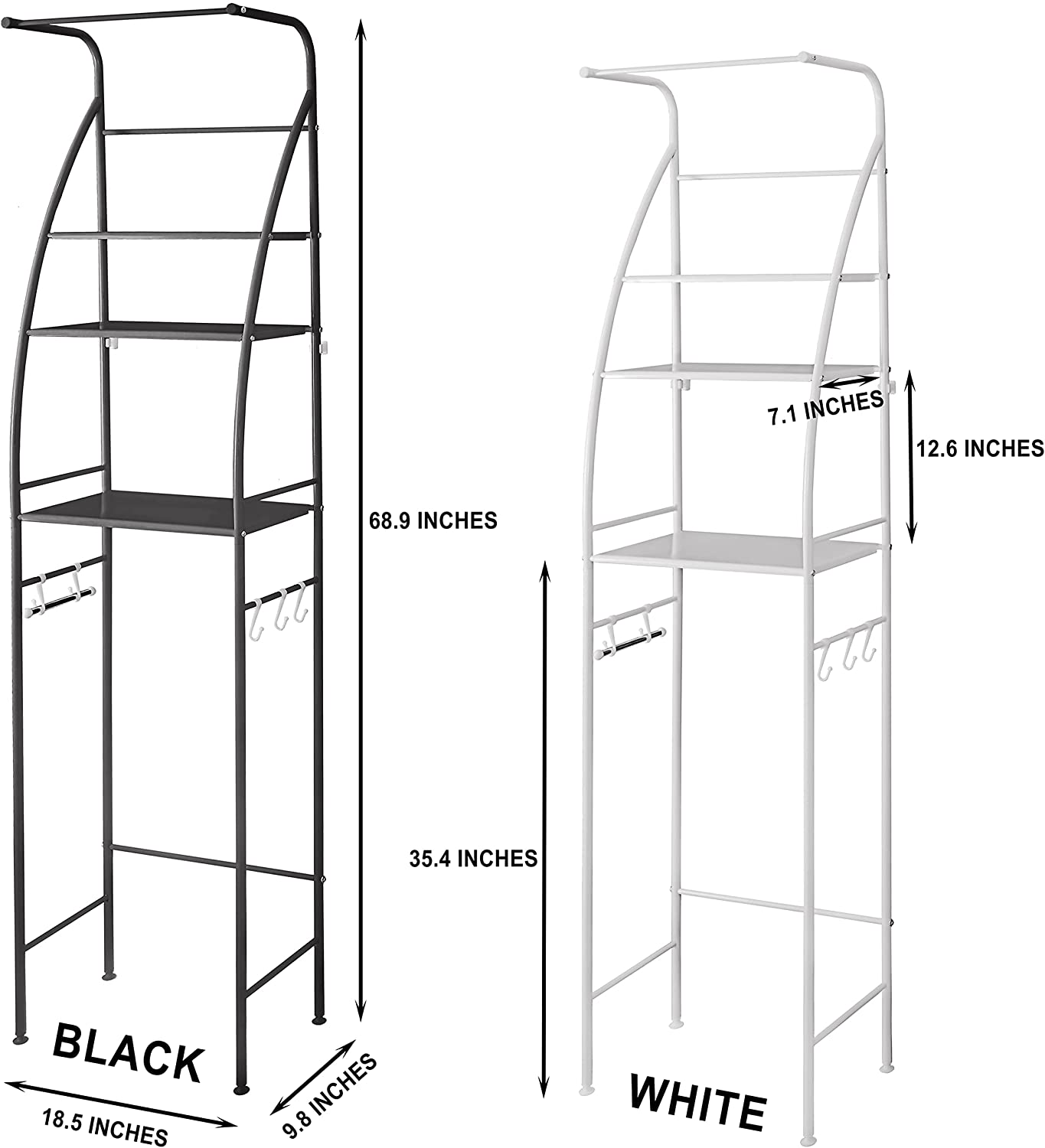3 Tier Over The Toilet Storage Rack, Bathroom Space Saver Shelf Organizer Over Toilet with Towel Rod (White)