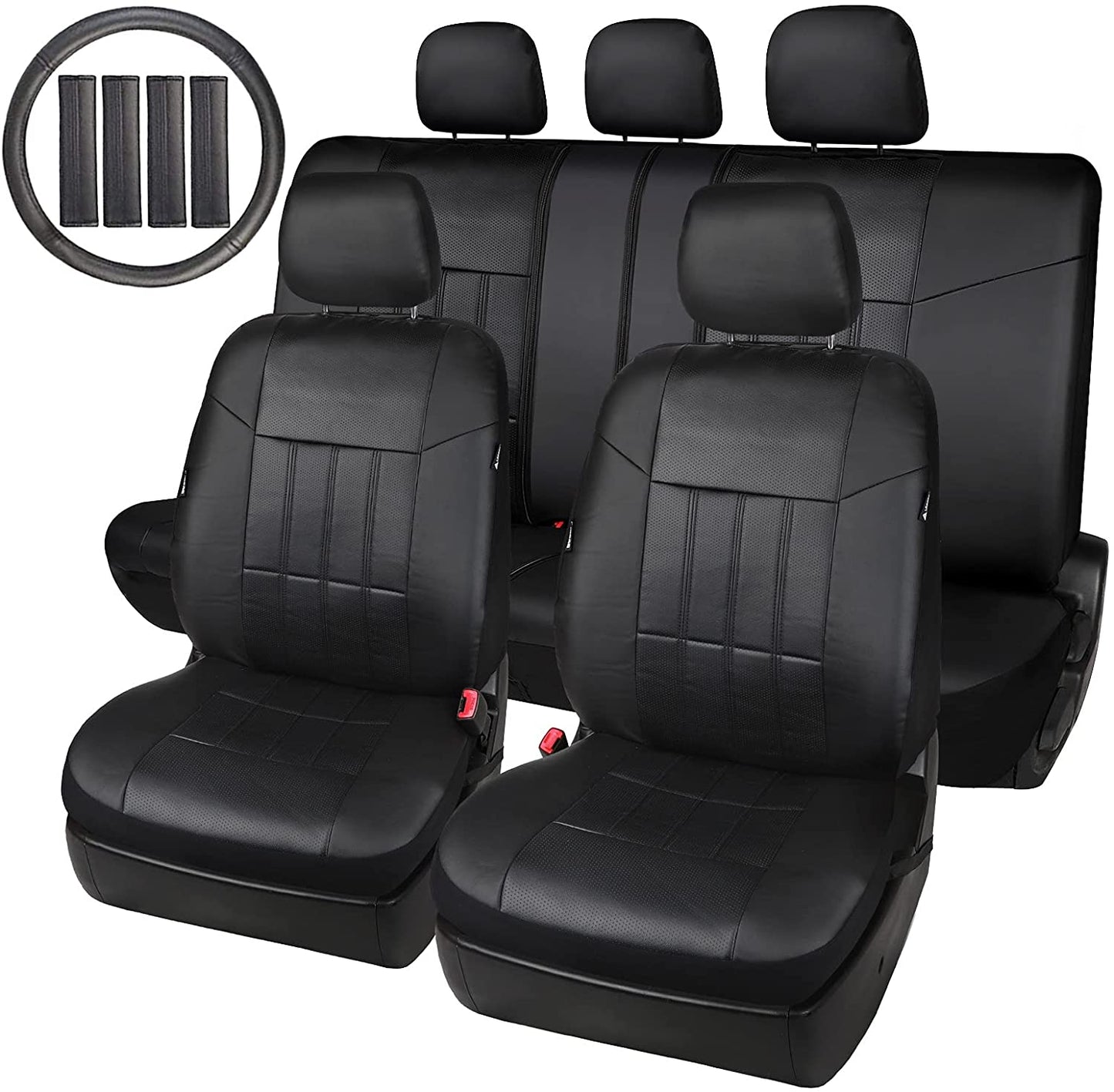Leader Accessories 17pcs Black Faux Leather Car Seat Covers Full Set Front + Rear with Airbag Universal Fits for Trucks SUV Included Steering Wheel Cover / Seat Belt Covers