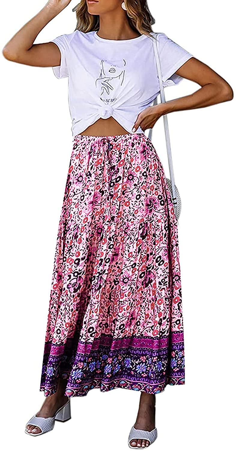 Women's Skirts Boho Floral Printed Elastic High Waist A Line Maxi Skirt with Pockets