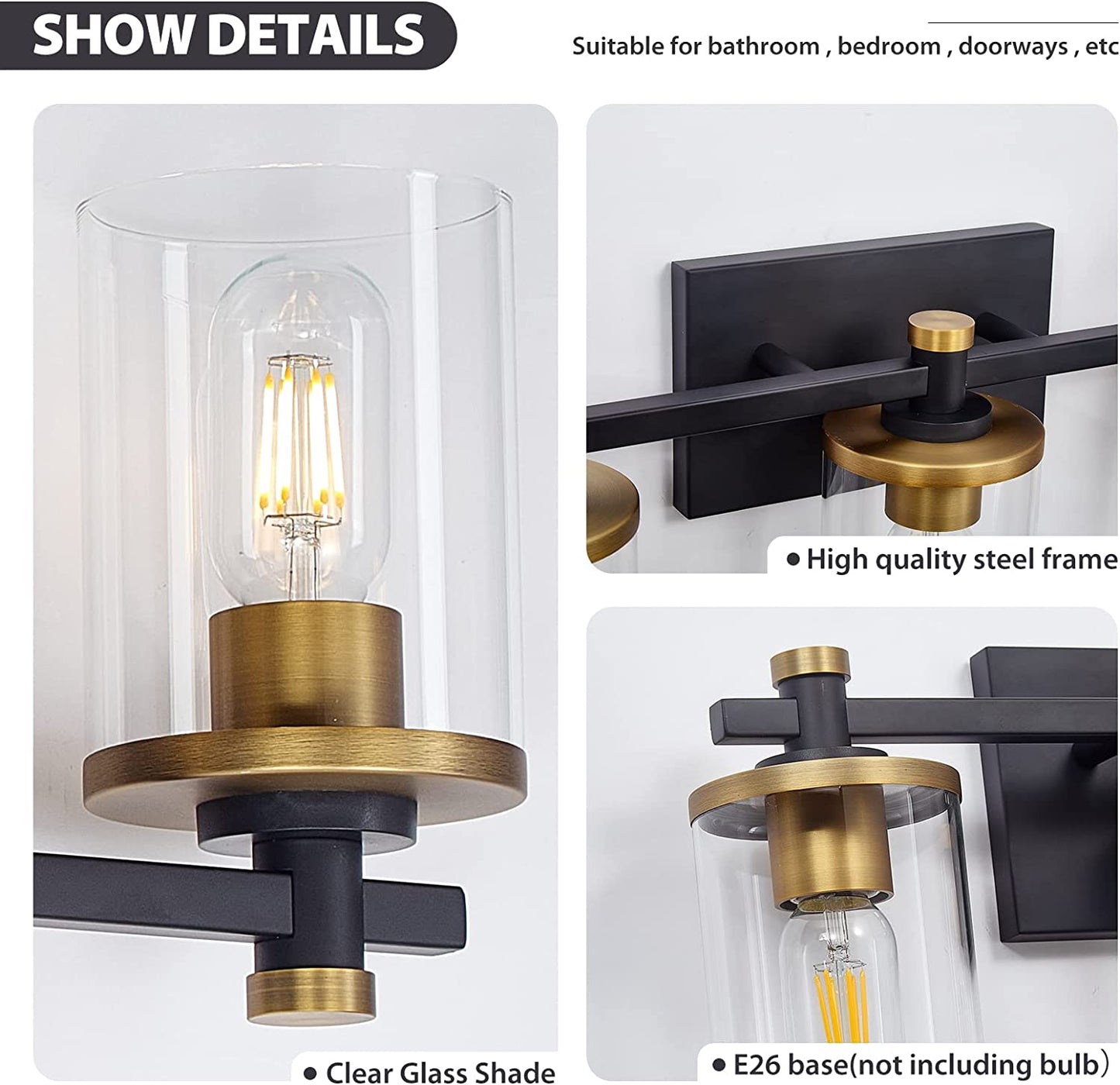 3 Light Bathroom Vanity Light Fixtures, Modern Black and Gold Vanity Lights Over Mirror, Vintage Wall Sconce with Clear Glass Shade, Brushed Gold Vanity Lights for Bathroom