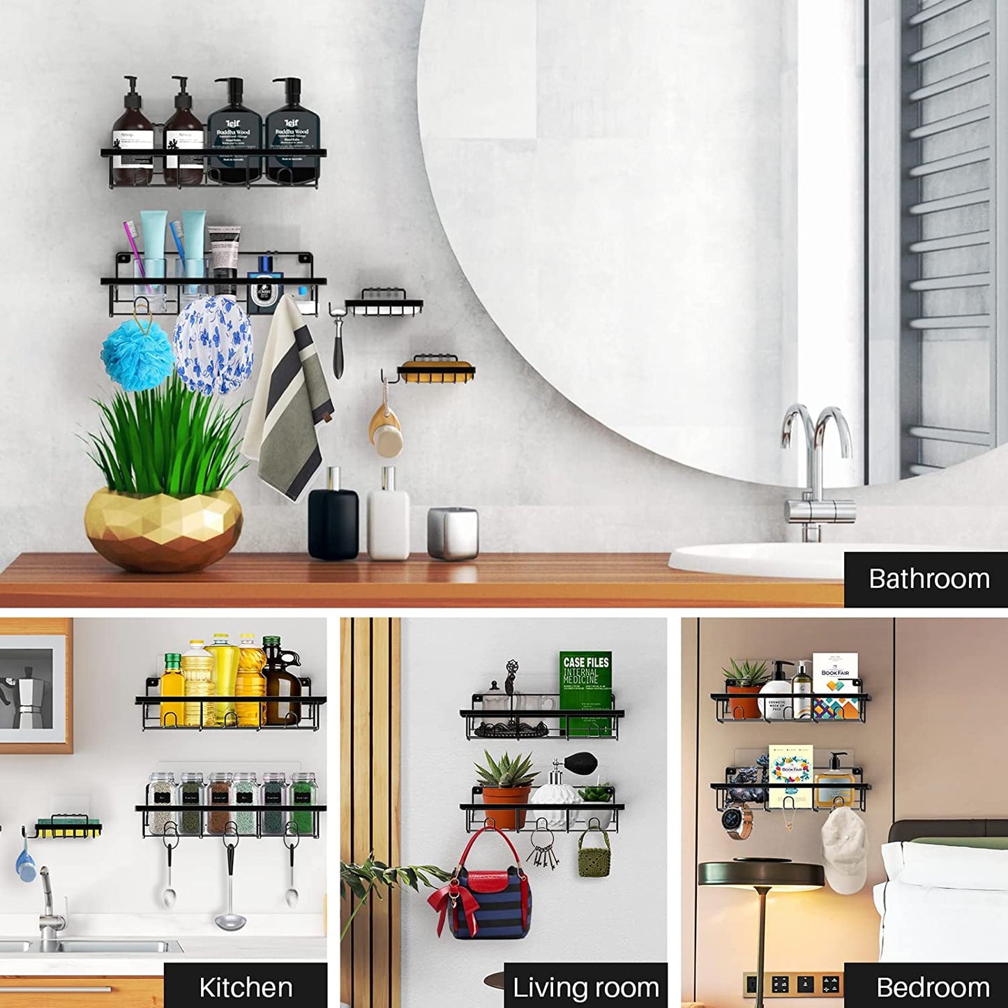 Shower Caddy Shelf with Hooks Storage Rack Organizer ,Can be wall-mounted without holes for Bathroom, Washroom, Restroom, Shower, Toilet, Kitchen - 4-Pack(Matte Black)