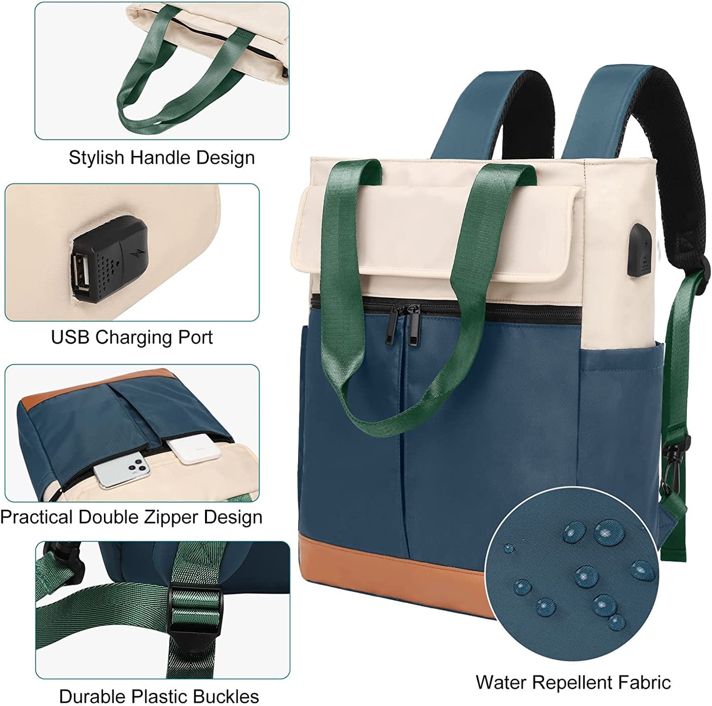 Women Convertible Tote Daypack Laptop Backpack Wide Top Open College School Travel Casual Bag
