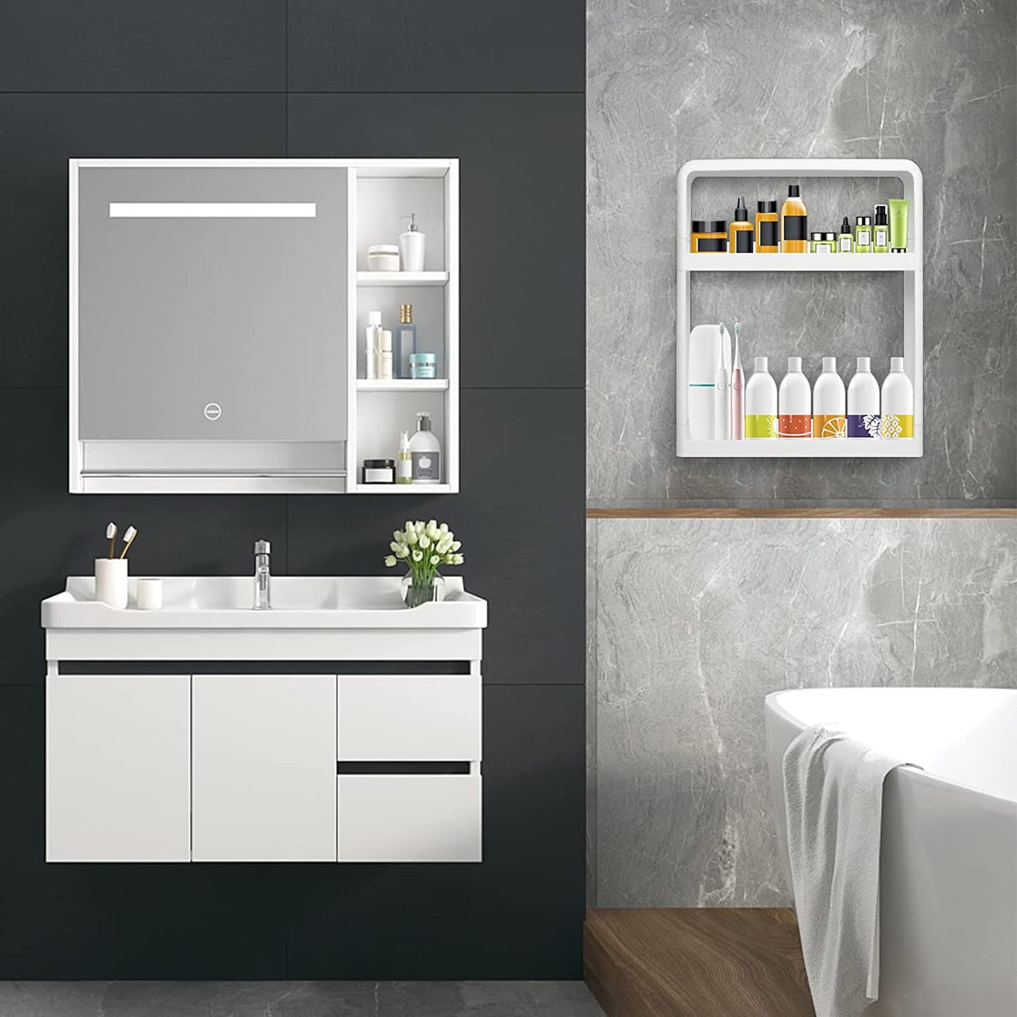 HarJue Shower Storage Shelf, Self Adhesive Shower Caddy Basket Waterproof Bathroom Storage Organization- No drill Unit Organizer Racks for Inside Shower Bathroom Kitchen, 2 Tier, Plastic-White