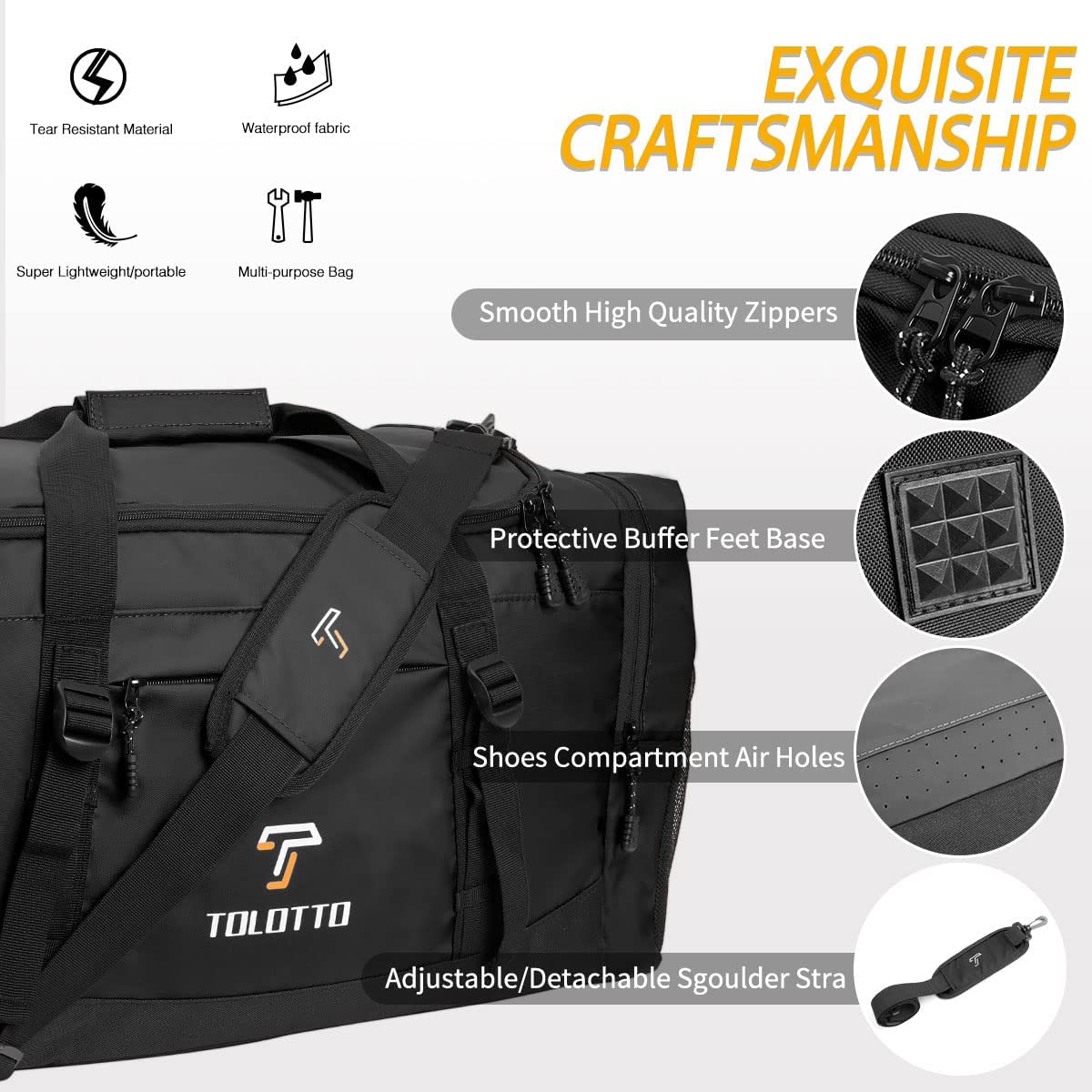 Sport Gym Bag for Men, Tolotto Travel Duffel Bag with Wet Pocket & Shoes Compartment for Men/Women - Carry on Shoulder Weekender Bag, Lightweight & Waterproof (Black)
