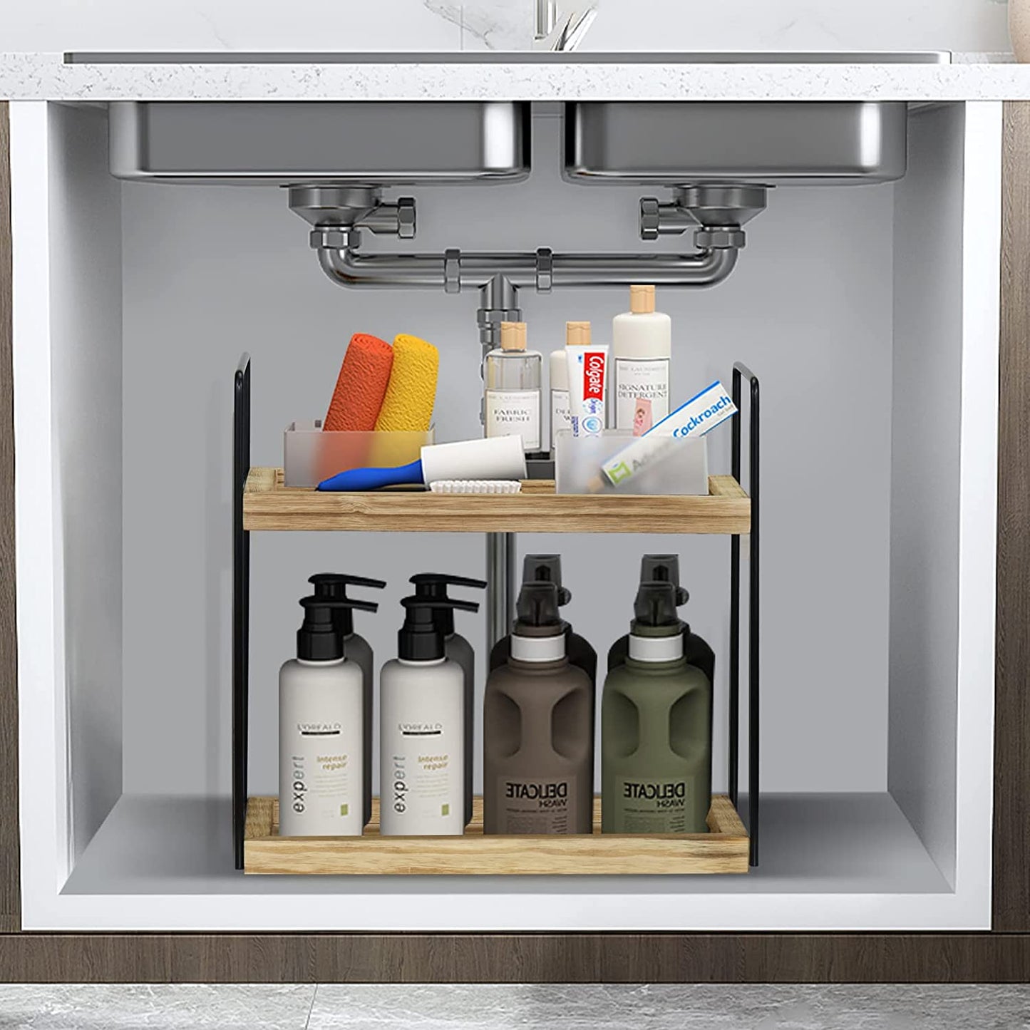 2-Tier Bathroom Organizer Cuntertop, Wood Bathroom Counter Organzier and Storage Shelf, Vanity Organizer Bathroom Counter Tray Cosmetic Makeup Shelf, Kitchen Counter Organizers Spice Rack