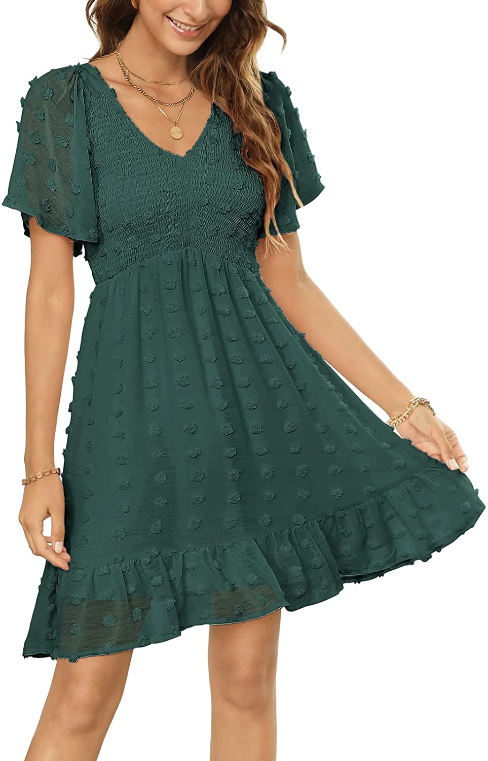 Womens Smocked Flutter Sleeve V Neck Ruffle Mini Swiss Dot Babydoll Dress