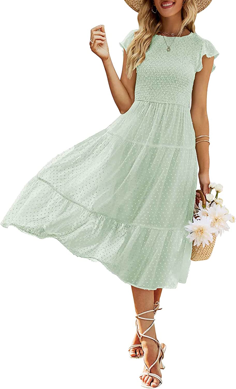 Women's Summer Flutter Short Sleeve Smocked Midi Dress Swiss Dot Flowy Tiered Dresses