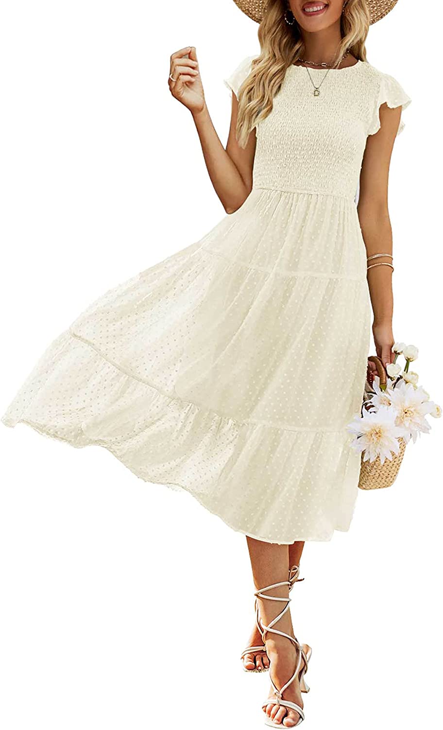 Women's Summer Flutter Short Sleeve Smocked Midi Dress Swiss Dot Flowy Tiered Dresses