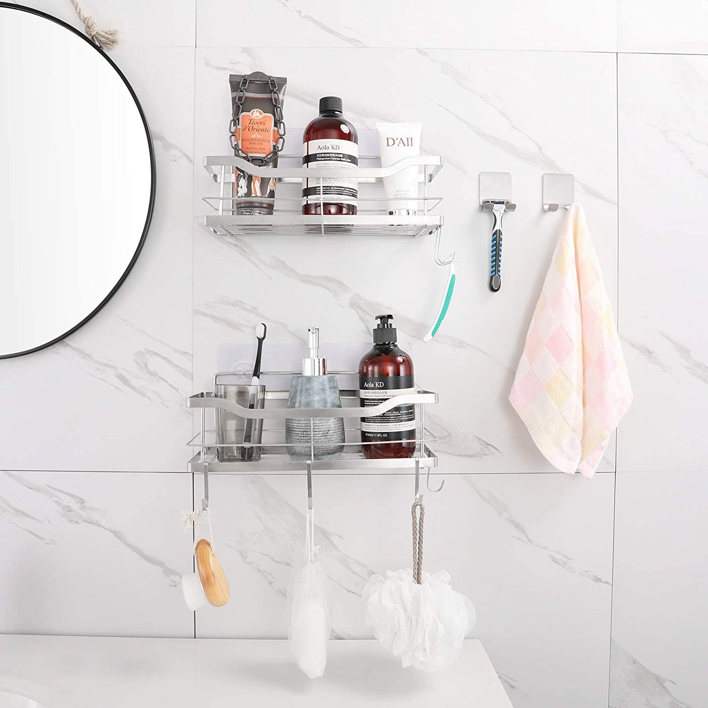 NearMoon Adhesive Shower Caddy Basket Shelf with Hooks, No Drilling Bathroom Organizer Shelf, SUS 304 Stainless Steel 2-in-1 Kitchen Spice Racks- Wall Mounted Storage Basket, 2 Pack (Brushed Nickel)