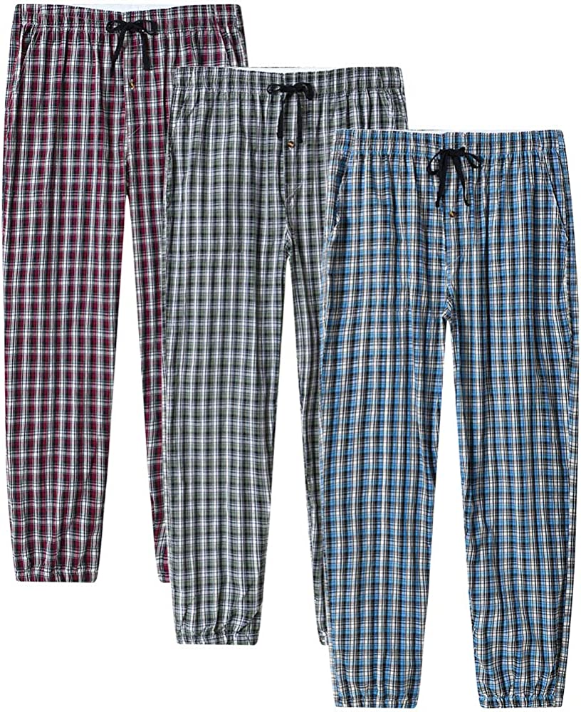 Men's Pajama Pants Plaid Sleapwear Pants Loungewear Bottom Button Fly/Drawstring/Pockets 3-Pack